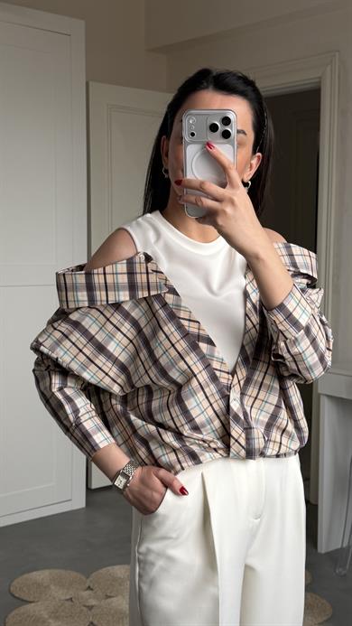 Degaje Yaka Bluzlu Gömlek - Kahve 