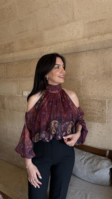 Desenli Şifon Omuz Detaylı Bluz - Mürdüm