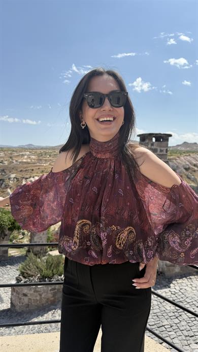 Desenli Şifon Omuz Detaylı Bluz - Mürdüm