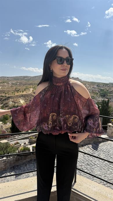 Desenli Şifon Omuz Detaylı Bluz - Mürdüm
