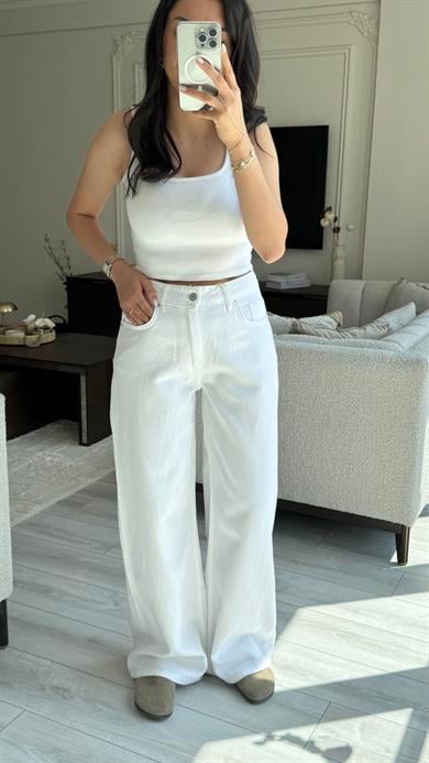 Dilvin Geniş Paça Beyaz Jean 