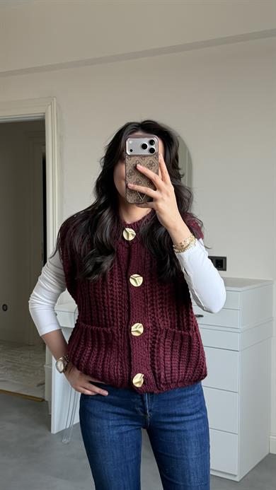 Dilvin Gold Düğmeli Yelek - Bordo