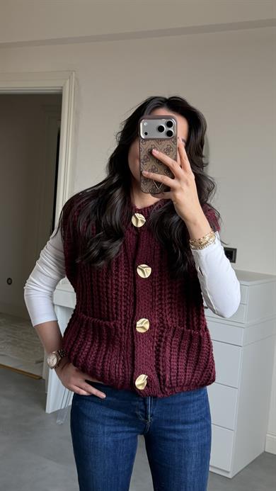 Dilvin Gold Düğmeli Yelek - Bordo