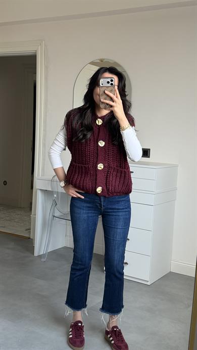 Dilvin Gold Düğmeli Yelek - Bordo