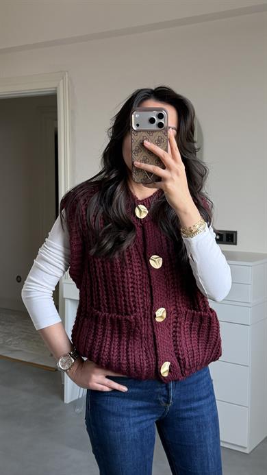 Dilvin Gold Düğmeli Yelek - Bordo