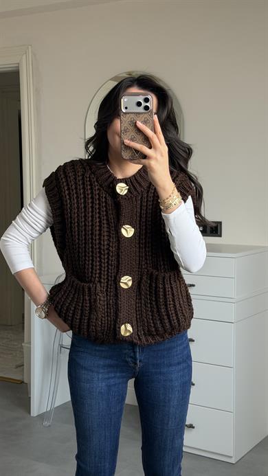 Dilvin Gold Düğmeli Yelek - Kahve 