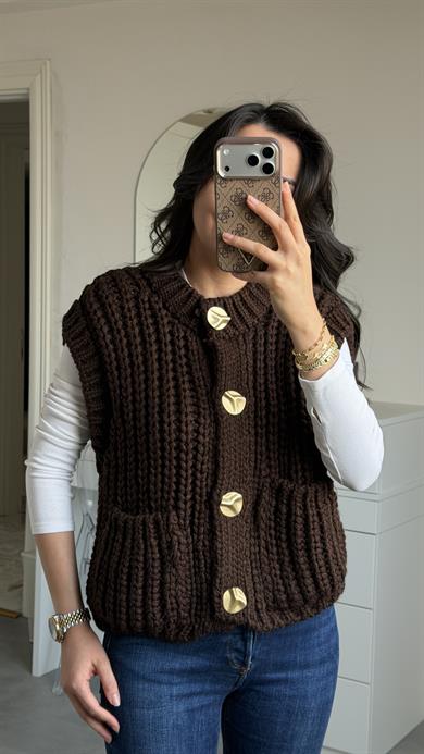 Dilvin Gold Düğmeli Yelek - Kahve 