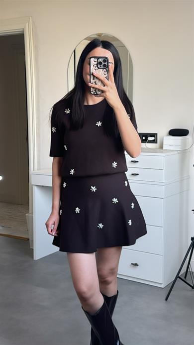 Dilvin Taşlı Triko Takım - Kahve