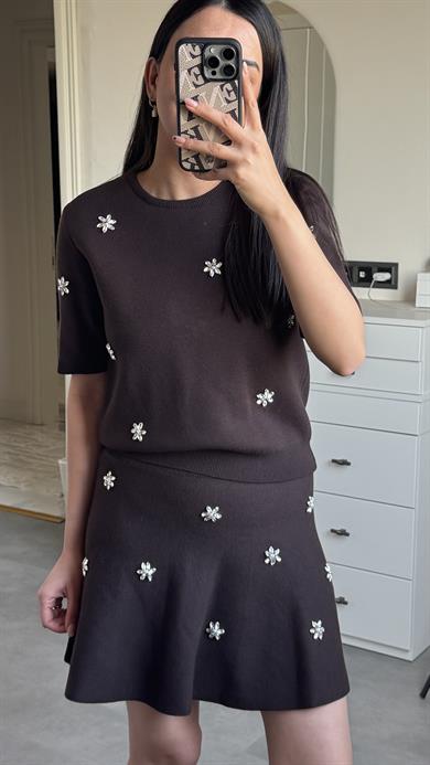 Dilvin Taşlı Triko Takım - Kahve