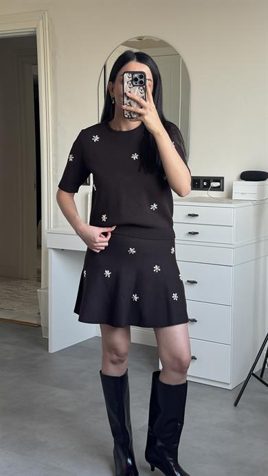 Dilvin Taşlı Triko Takım - Kahve