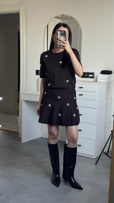 Dilvin Taşlı Triko Takım - Kahve