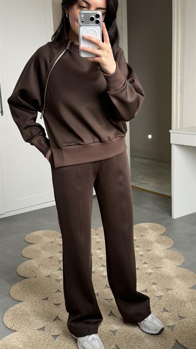 Fermuarlı Detaylı Takım - Kahve