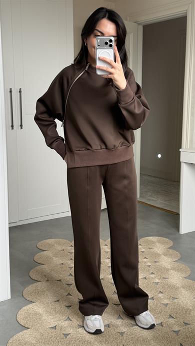 Fermuarlı Detaylı Takım - Kahve