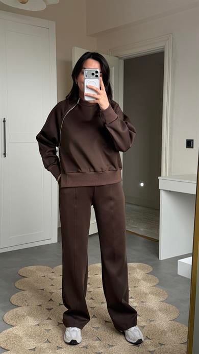 Fermuarlı Detaylı Takım - Kahve