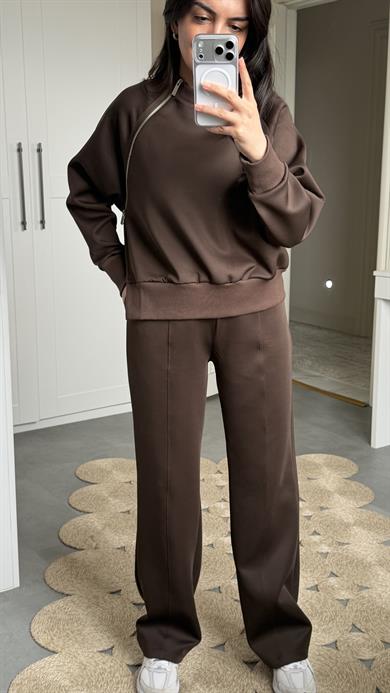 Fermuarlı Detaylı Takım - Kahve