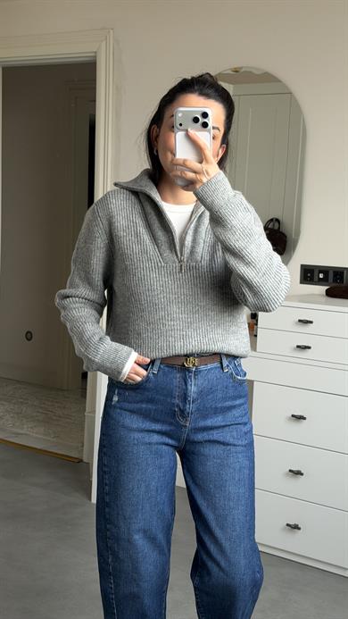 Fermuarlı Kazak - Gri