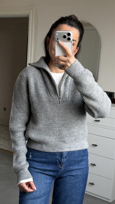 Fermuarlı Kazak - Gri