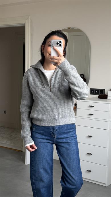 Fermuarlı Kazak - Gri