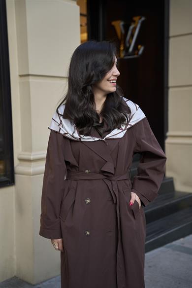 Fular Detaylı Trençkot - Kahve 