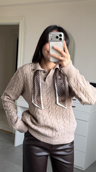 Fularlı Polo Yaka Örgü Kazak - Vizon