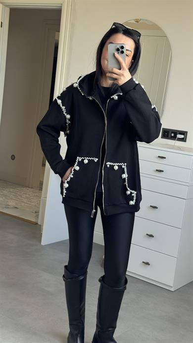 İncili Kapüşonlu Sweat -Siyah