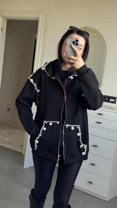 İncili Kapüşonlu Sweat -Siyah