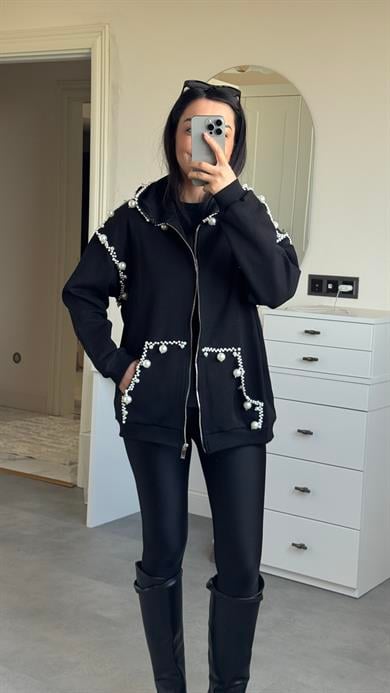 İncili Kapüşonlu Sweat -Siyah