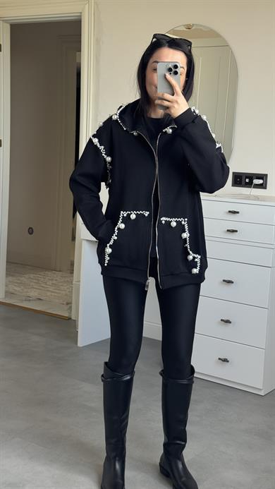 İncili Kapüşonlu Sweat -Siyah