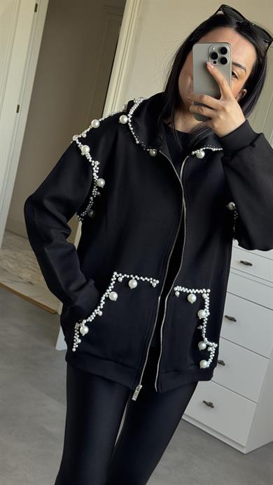 İncili Kapüşonlu Sweat -Siyah