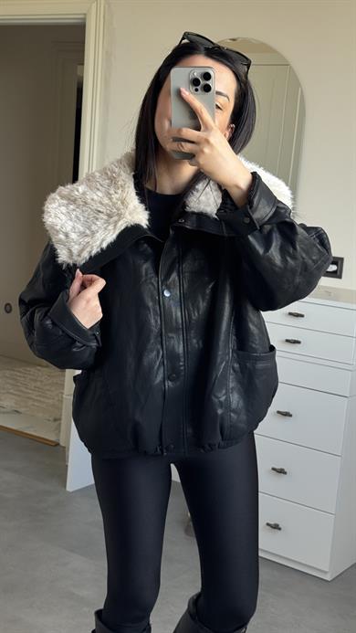 İthal Kürklü Siyah Mont