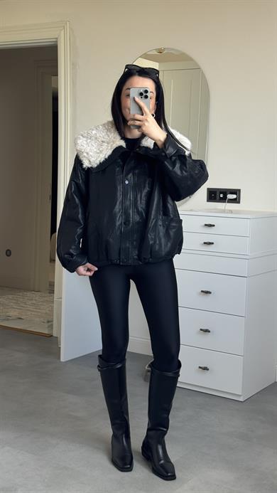 İthal Kürklü Siyah Mont