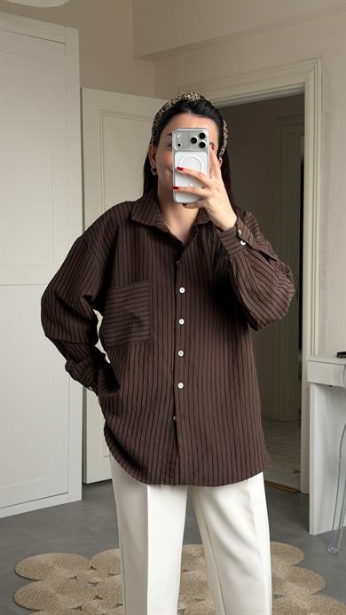 Kadife Çizgili Oversize Gömlek - Kahve 
