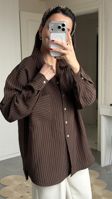 Kadife Çizgili Oversize Gömlek - Kahve 