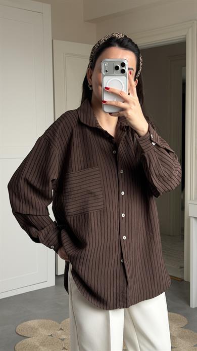 Kadife Çizgili Oversize Gömlek - Kahve 