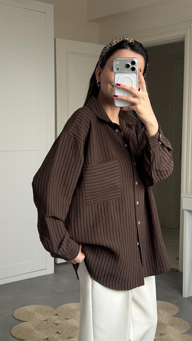 Kadife Çizgili Oversize Gömlek - Kahve 
