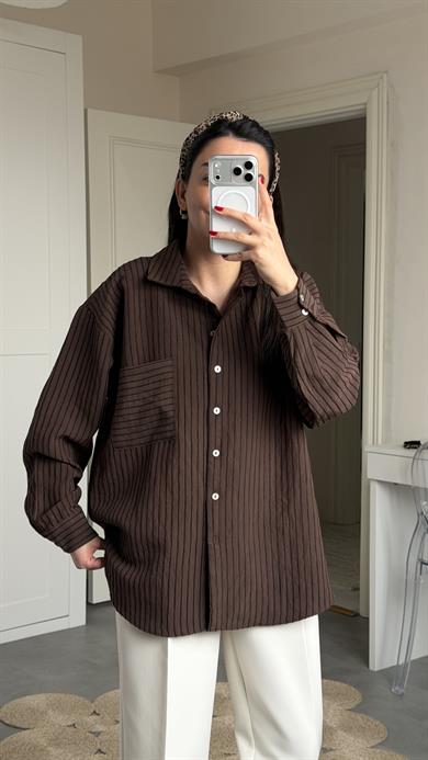 Kadife Çizgili Oversize Gömlek - Kahve 