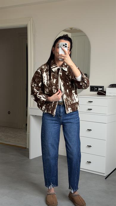 Kadife Dokulu Bomber Ceket - Kahve