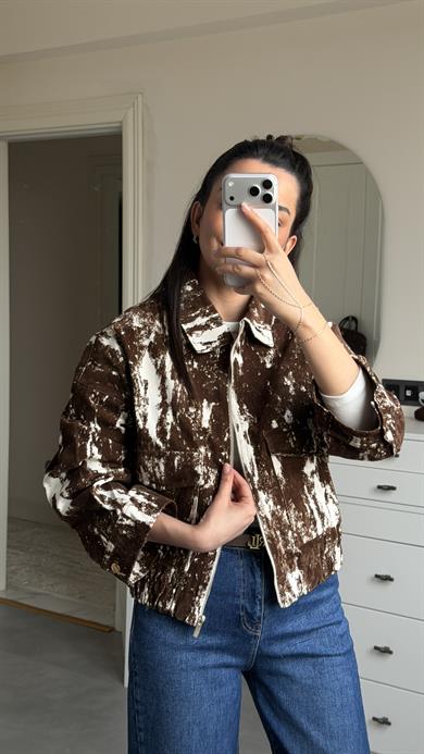 Kadife Dokulu Bomber Ceket - Kahve