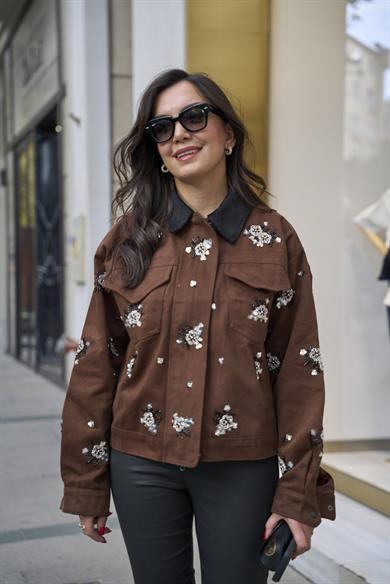 Kadife Yakalı Taşlı Ceket - Kahve