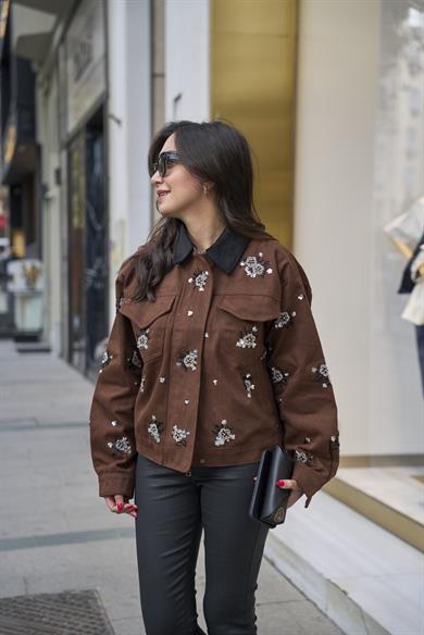 Kadife Yakalı Taşlı Ceket - Kahve