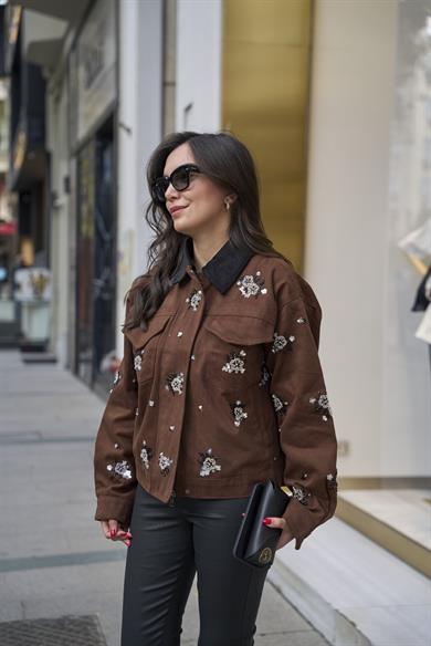 Kadife Yakalı Taşlı Ceket - Kahve