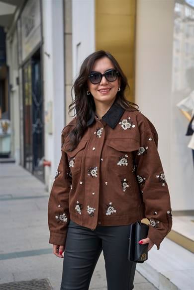 Kadife Yakalı Taşlı Ceket - Kahve