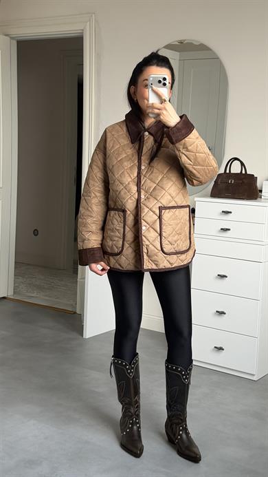 Kapitone Süet Mont - Sütlü Kahve 