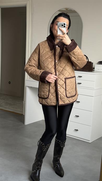 Kapitone Süet Mont - Sütlü Kahve 