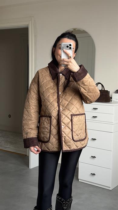 Kapitone Süet Mont - Sütlü Kahve 