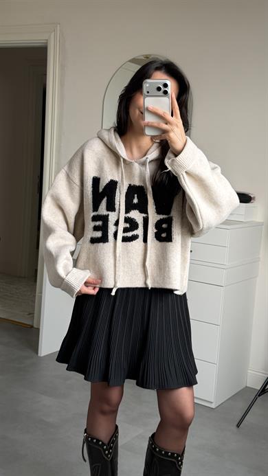 Kapüşonlu Oversize Kazak - Krem