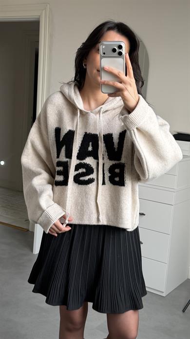 Kapüşonlu Oversize Kazak - Krem