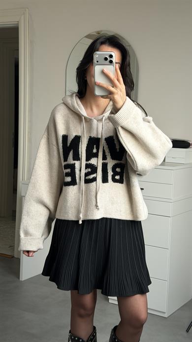 Kapüşonlu Oversize Kazak - Krem