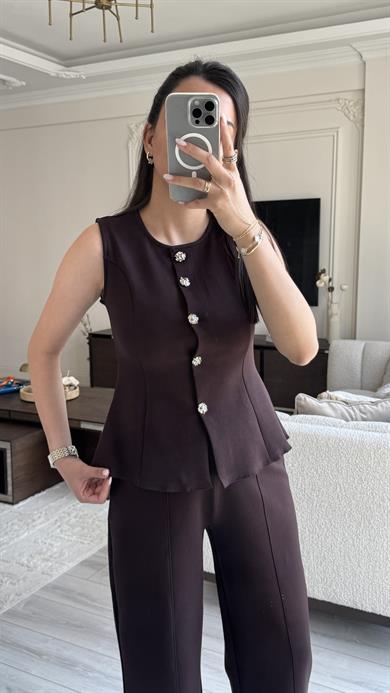 Karol Yelekli Takım - Kahverengi 