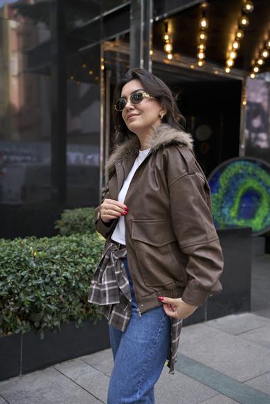Kürklü Deri Bomber Mont - Kahve 